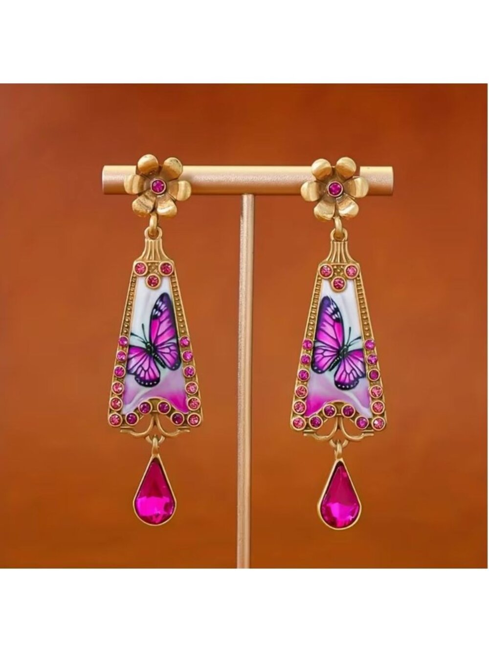 Art Nouveau Style Pink & Purple Butterfly Dangle Earrings